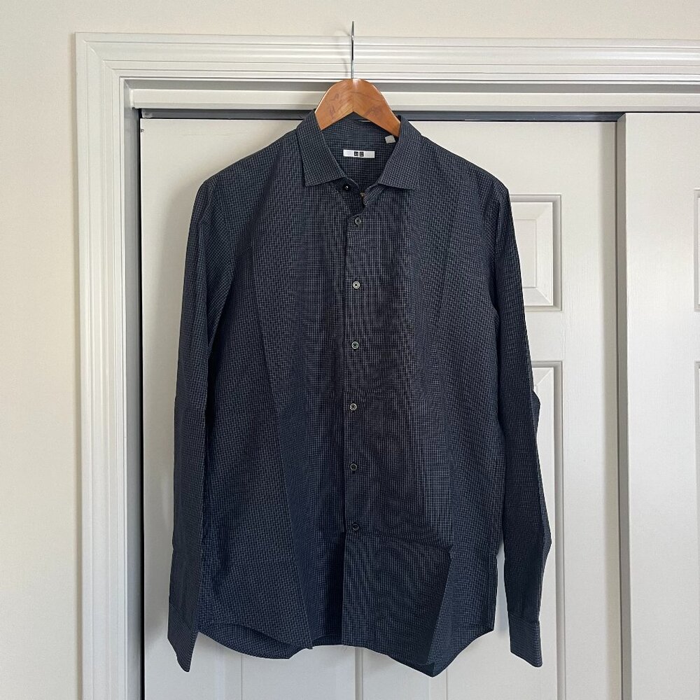 Uniqlo Blue Plaid Print Button Down Shirt Slim Men's L